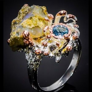 Beautiful Rough Rainbow Opal Sterling Silver Ring